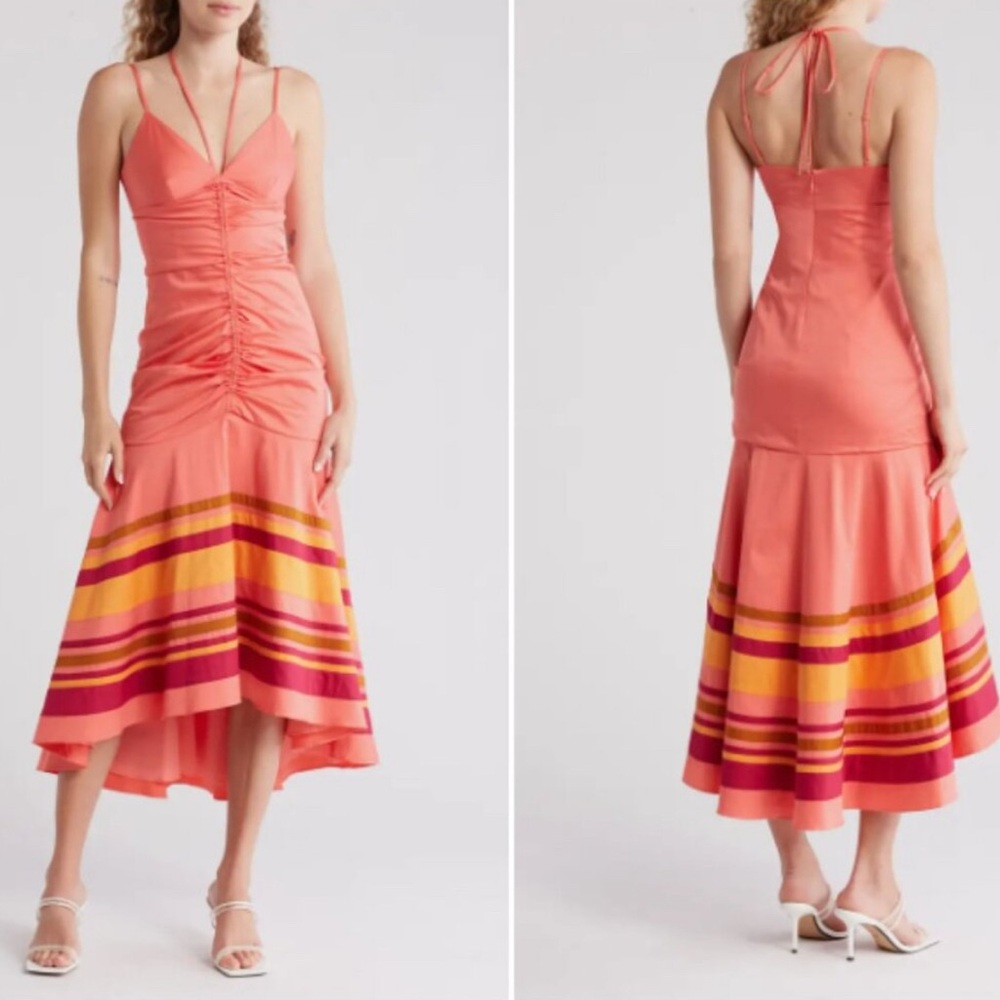 Veronica Beard Coral Striped Midi Dress with Yellow & Magenta Accents
